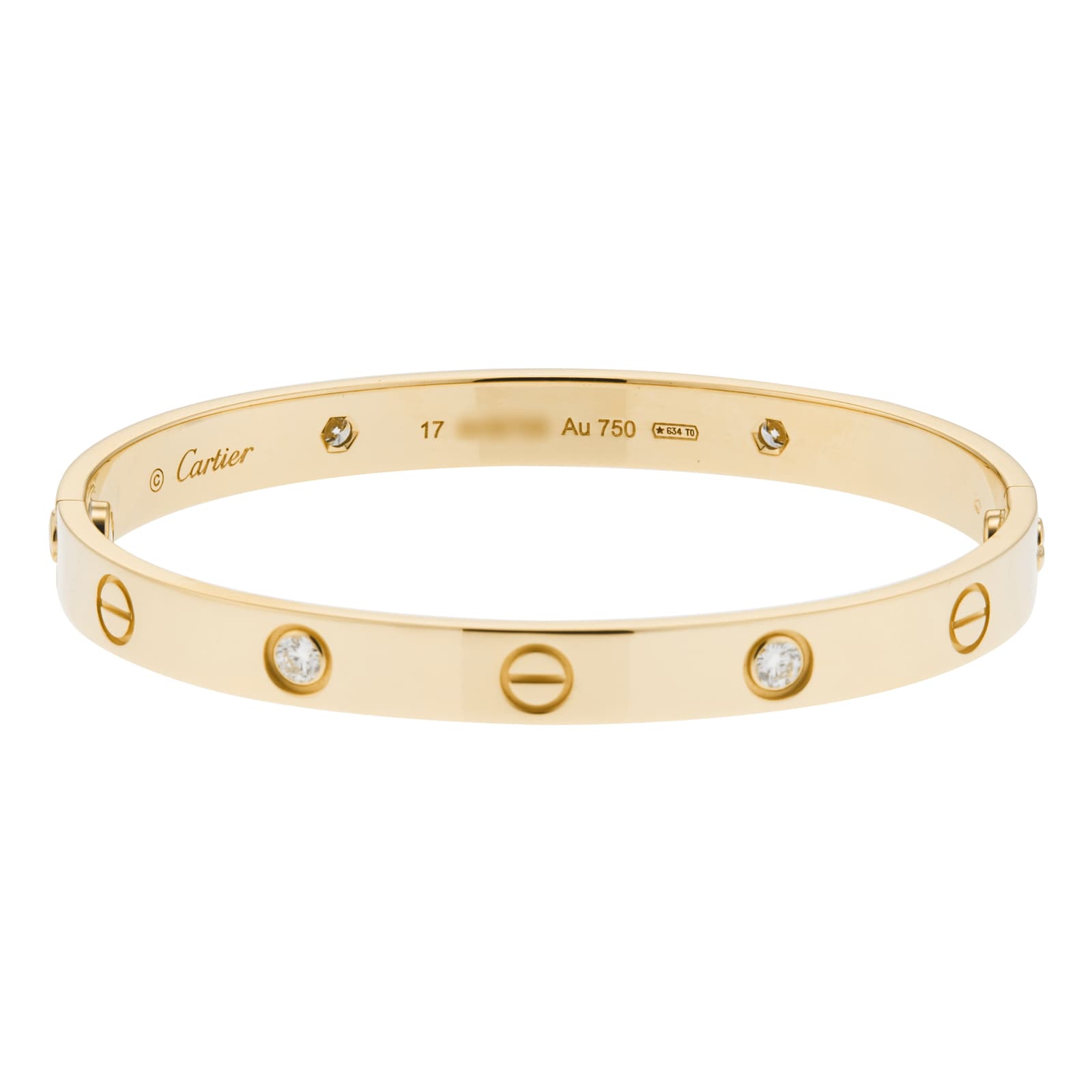 Pre-Owned Cartier Love Bracelet Classic Model 4 Diamonds B6035917 - Size 17 Pre-Owned Cartier Love Bracelet Classic Model 4 Diamonds B6035917 - Size 17