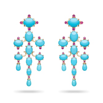 Paul Morelli 18k Yellow Gold Turquise and Ruby Tiered Dangle Earrings