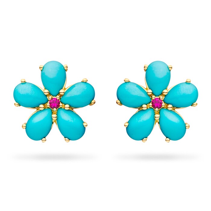 Paul Morelli 18k Yellow Gold 0.09cttw Ruby and Turquoise Flower Stud Earrings