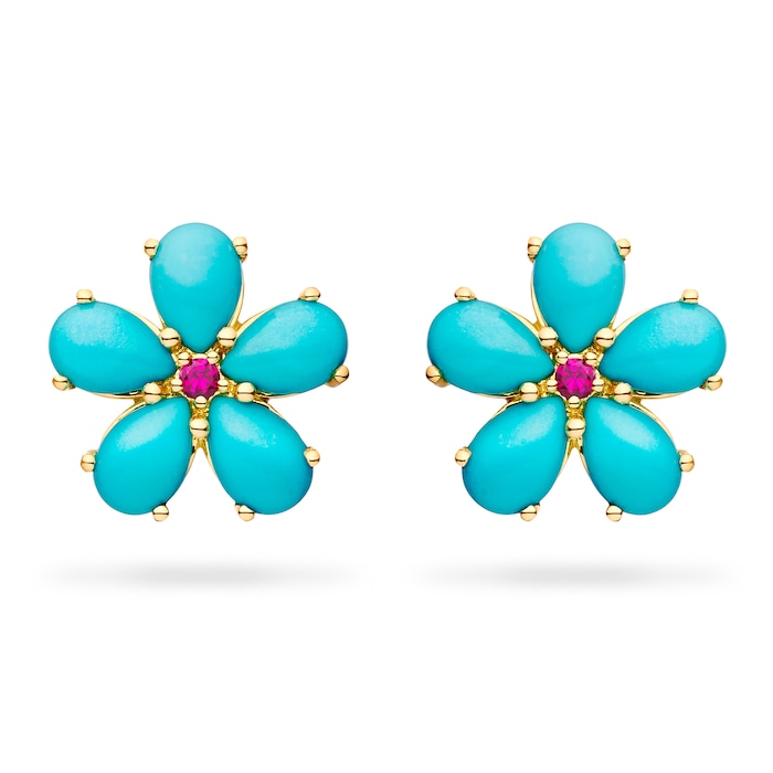 Paul Morelli 18k Yellow Gold 0.09cttw Ruby and Turquoise Flower Stud Earrings