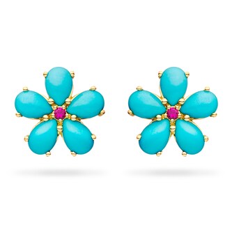 Paul Morelli 18k Yellow Gold 0.09cttw Ruby and Turquoise Flower Stud Earrings