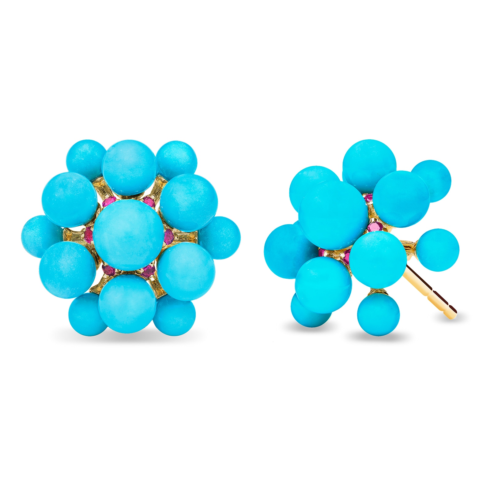 Paul Morelli 18k Yellow Gold 10.48cttw Turquoise and 0.10cttw Ruby Orbit Stud Earrings
