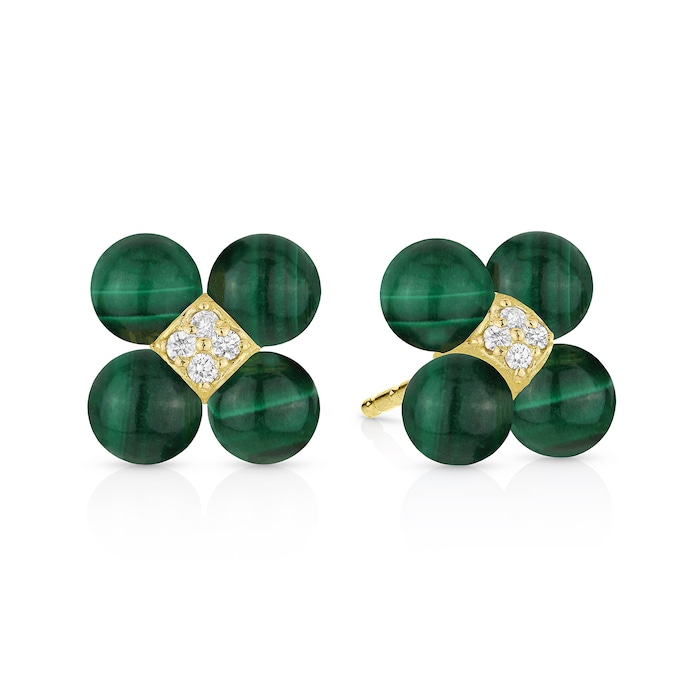 Paul Morelli 18k Yellow Gold Malachite and 0.11cttw Diamond Cluster Stud Earrings