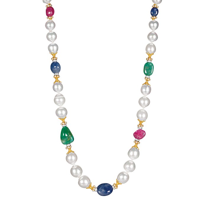 Verdura 18k Yellow Gold Multicolored Gemstone and Pearl Byzantine Necklace 36"