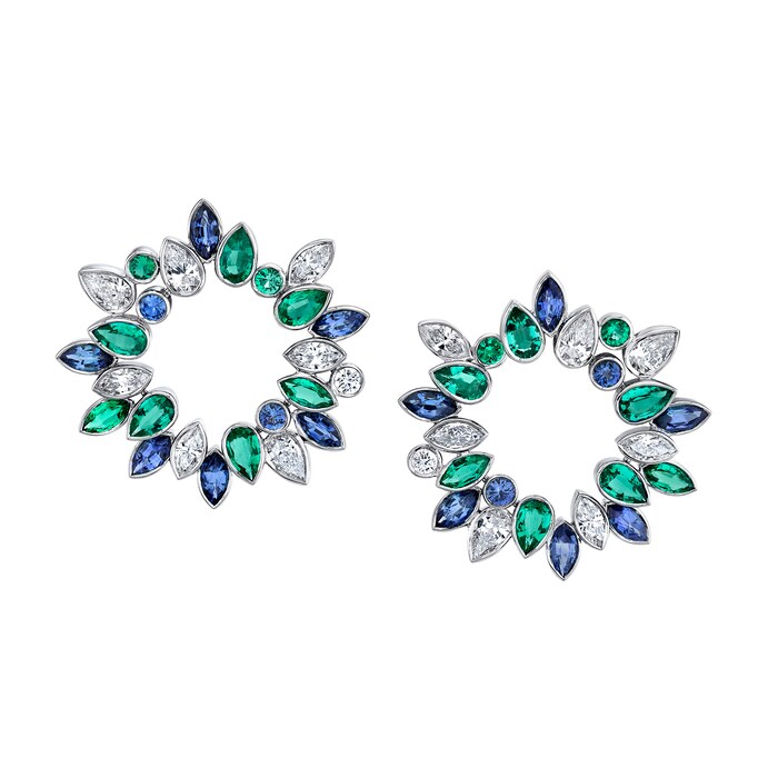 Robert Procop Platinum 2.00cttw Diamond and Sapphire and Emerald Side Hoop Earrings