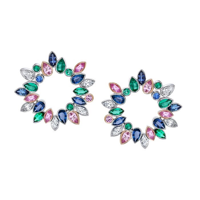Robert Procop Platinum and 18k Rose Gold 1.21cttw Diamond and Sapphire and Emerald Side Hoop Earrings