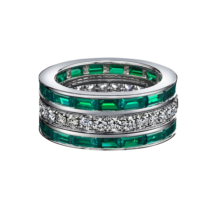 Robert Procop Platinum 3.73cttw Baguette Emerald and 1.22cttw Diamond 3 Row Ring Size 7