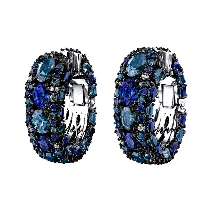 Robert Procop 18k White Gold 10.27cttw Sapphire and 0.30cttw Diamond Clutch Hoop Earrings