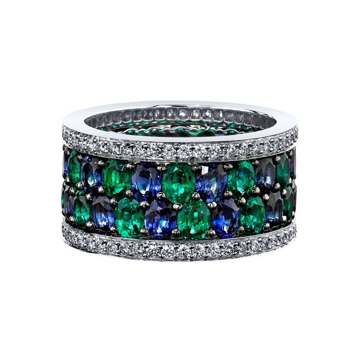 Robert Procop 18k White Gold Emerald Sapphire and 0.89cttw Diamond 4 Row Eternity Ring