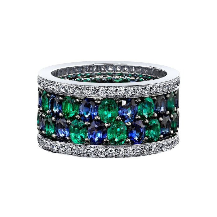 Robert Procop 18k White Gold Emerald Sapphire and 0.89cttw Diamond 4 Row Eternity Ring