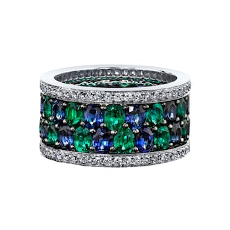 Robert Procop 18K White Gold American Glamour Diamond, Sapphire & Emerald Band Ring - Size 6