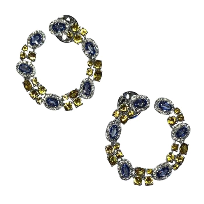 Robert Procop 18K White Gold American Glamour 0.76cttw Diamond & 7.21cttw Blue/Yellow Sapphire Hoop Earrings
