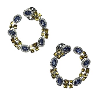 Robert Procop 18K White Gold American Glamour 0.76cttw Diamond & 7.21cttw Blue/Yellow Sapphire Hoop Earrings