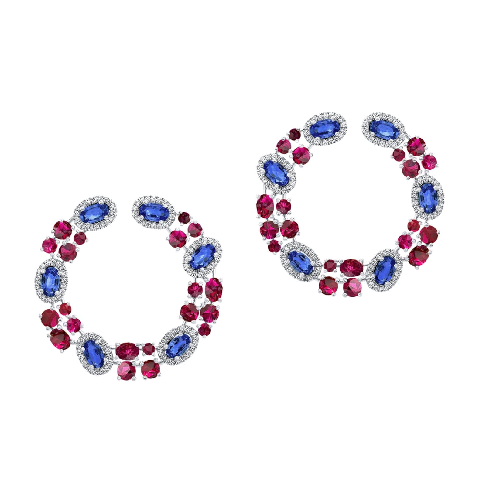 Robert Procop 18K White Gold American Glamour Diamond, Sapphire & Ruby Hoop Earrings