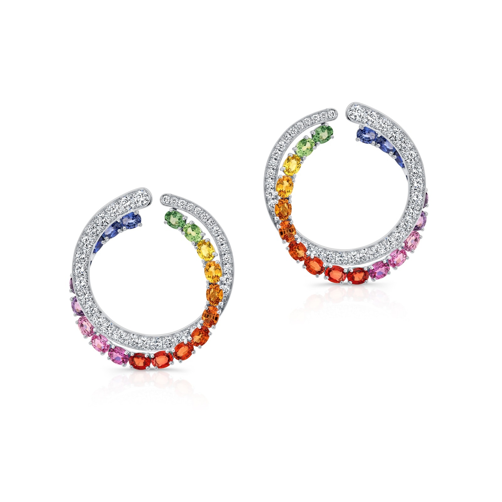 Robert Procop 18K White Gold American Glamour Diamond, Sapphire & Ruby Hoop Earrings
