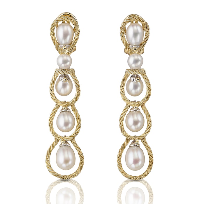 Buccellati 18k Yellow and White Gold Rete 5 Pearl Drop Earrings