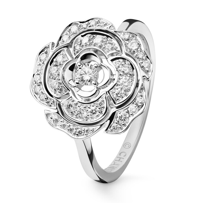 Chanel 18k White Gold 0.33cttw Diamond Bouton de Camélia Ring Size 6.25