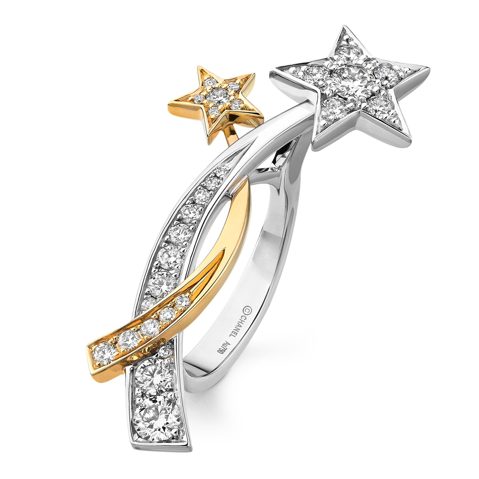 Chanel 18k White and Yellow Gold Diamond Comète Double Shooting Star Ring Size 6.5
