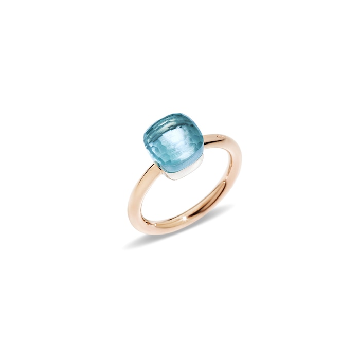 Pomellato 18k Rose and White Gold Nudo Petit Sky Blue Topaz Ring Size 6.25