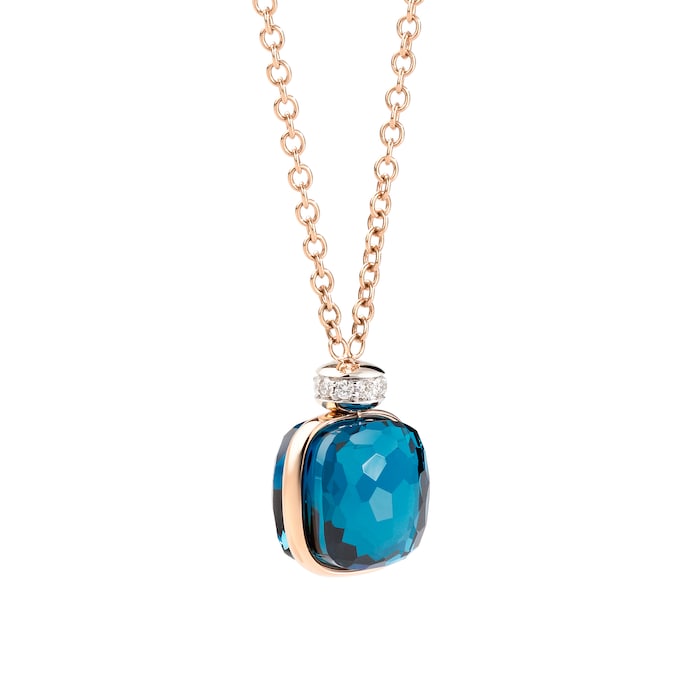 Pomellato 18k Rose Gold London Blue Topaz and 0.10cttw Diamond Pendant 38-42cm