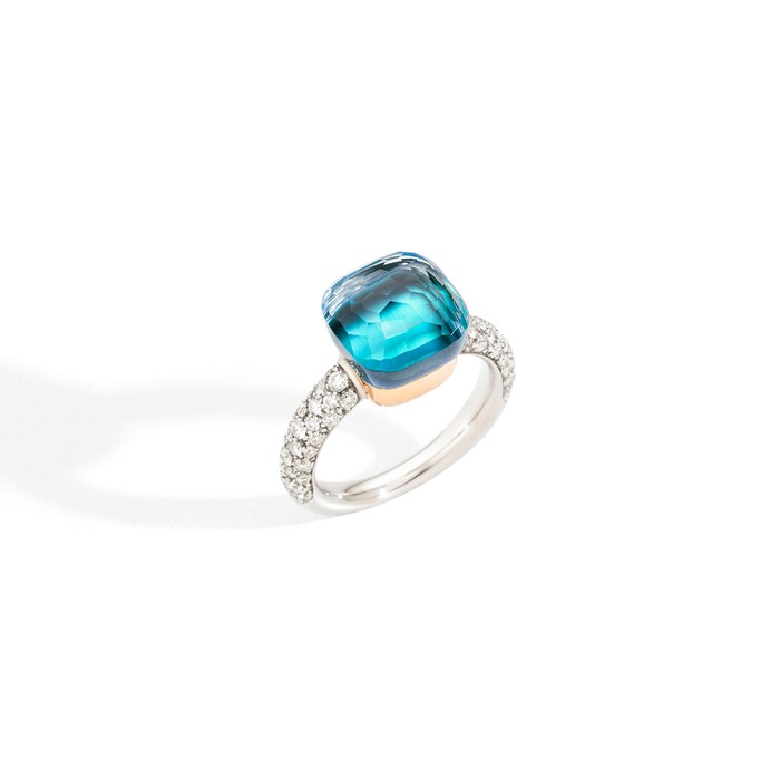 Pomellato 18k White and Rose Gold Nudo Classic Blue Topaz and Agate Ring Size 54