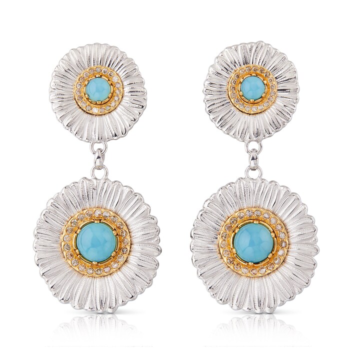 Buccellati Sterling Silver Blue Agate and Diamond Blossoms Double Daisy Drop Earrings