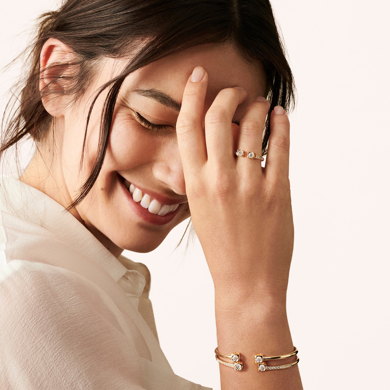 Dinh Van 18K Yellow Gold 0.44cttw Le Cube Diamant Large Bangle - Size 16