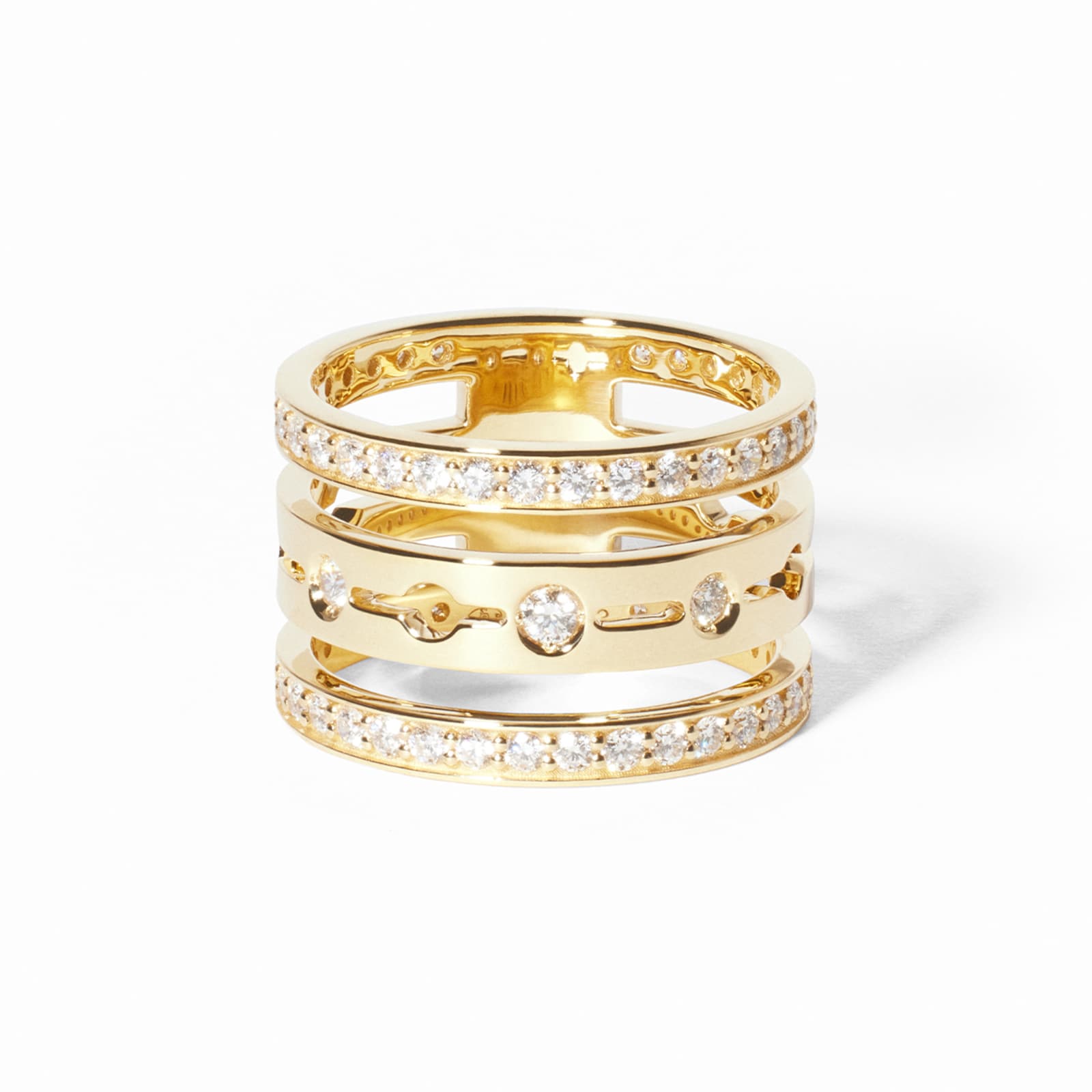 Dinh Van 18K Yellow Gold Pulse 1.10cttw Paved Diamod 3 Row Ring - Size 54