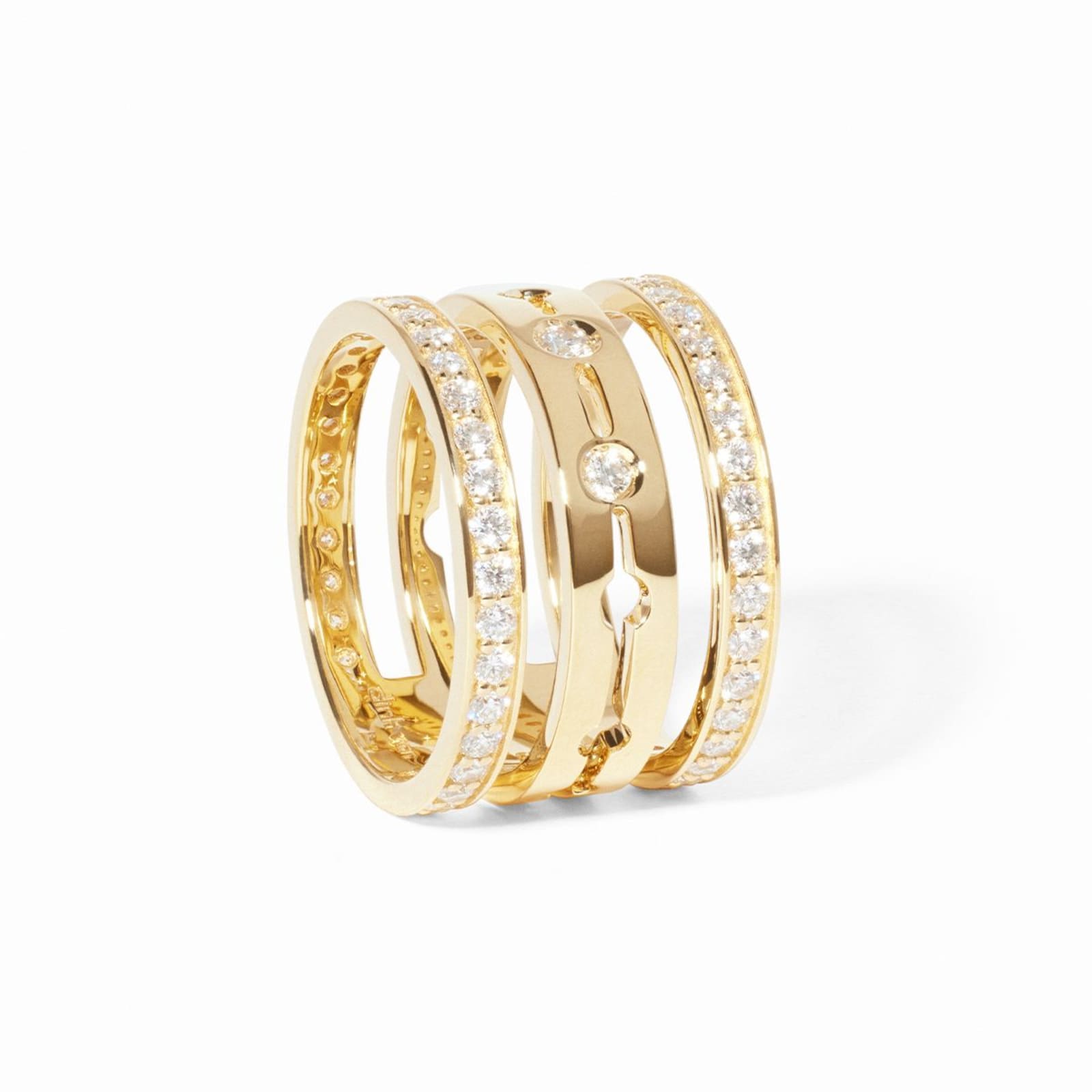 Dinh Van 18K Yellow Gold Pulse 1.10cttw Paved Diamod 3 Row Ring - Size 54