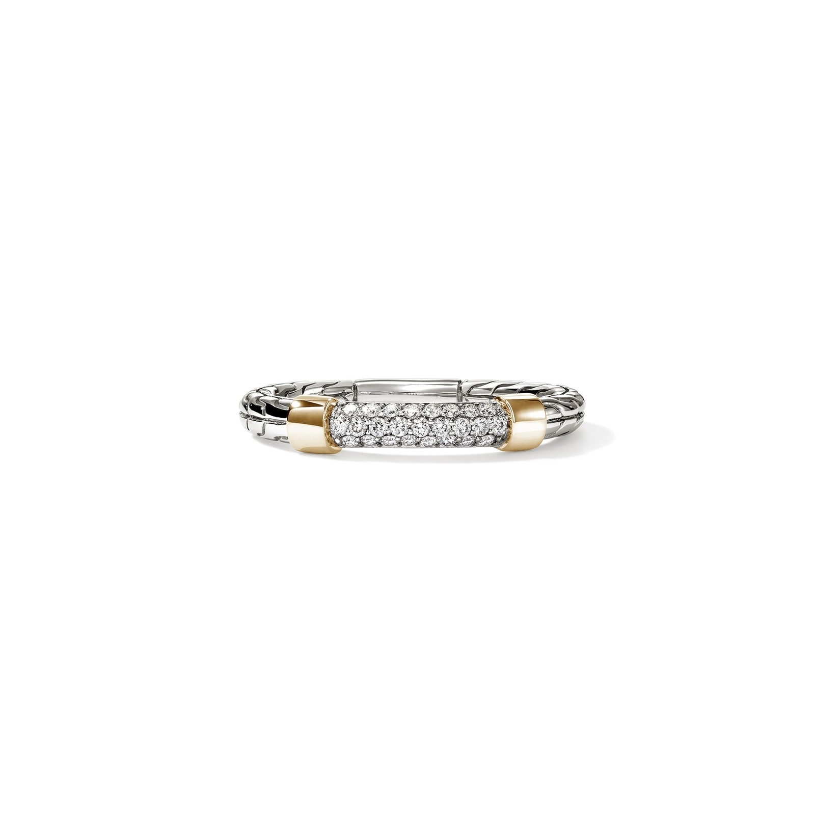 John Hardy Sterling Silver & 14K Yellow Gold JH Essential Pave Diamond Ring - Size 7