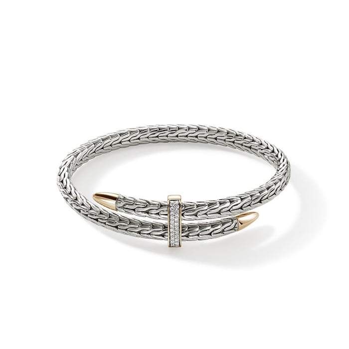 John Hardy Sterling Silver & 14K Yellow Gold Spear Diamond Flex Cuff Bracelet - Size Medium