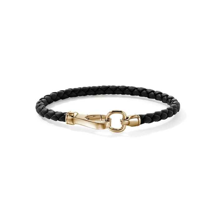John Hardy Black Leather & 14K Yellow Gold Mens Bracelet, 5mm - Size Large