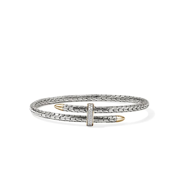 John Hardy Sterling Silver & 14K Yellow Gold Spear 0.16cttw Diamond Flex Cuff Bracelet, 4mm - Size Small