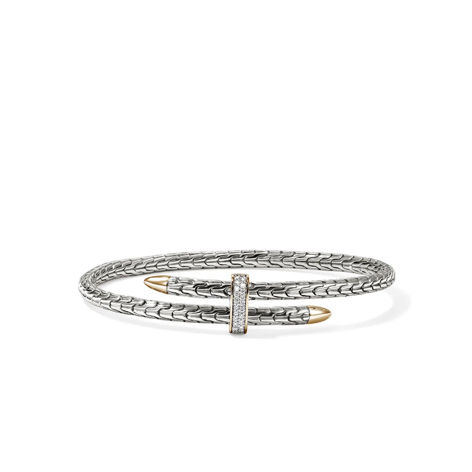 John Hardy Sterling Silver & 14K Yellow Gold Spear 0.16cttw Diamond Flex Cuff Bracelet, 4mm - Size Small