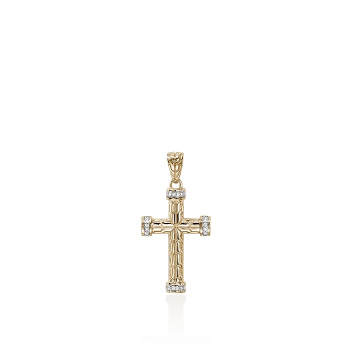 John Hardy 14K Yellow Gold Carved Chain 0.09cttw Diamond Cross Pendant