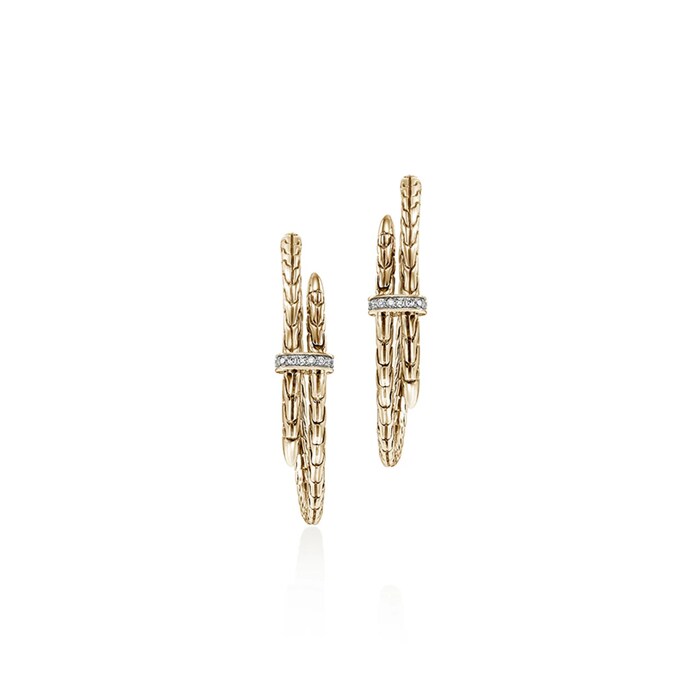 John Hardy 14K Yellow Gold Spear 0.12cttw Diamond Double Row Hoop Earrings, 40mm
