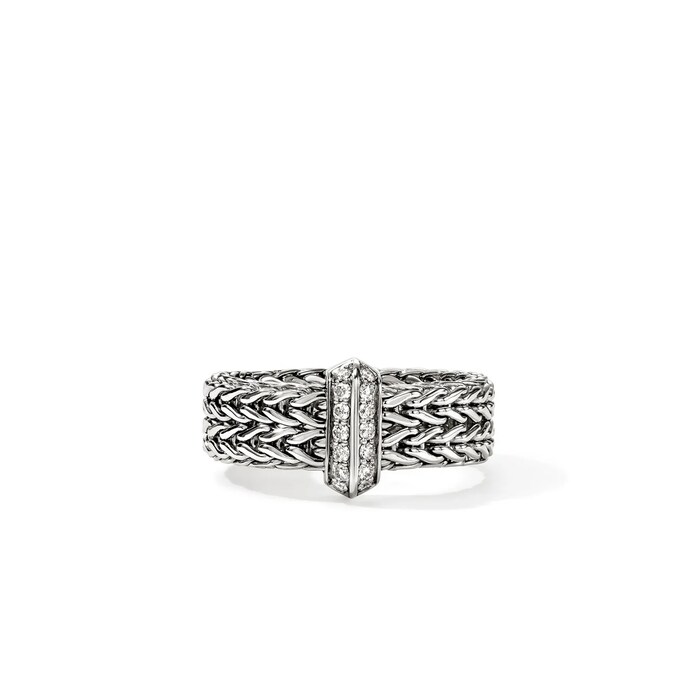 John Hardy Sterling Silver Icon 0.16cttw Pave Diamond Link Bar Ring, 6mm - Ring Size 7