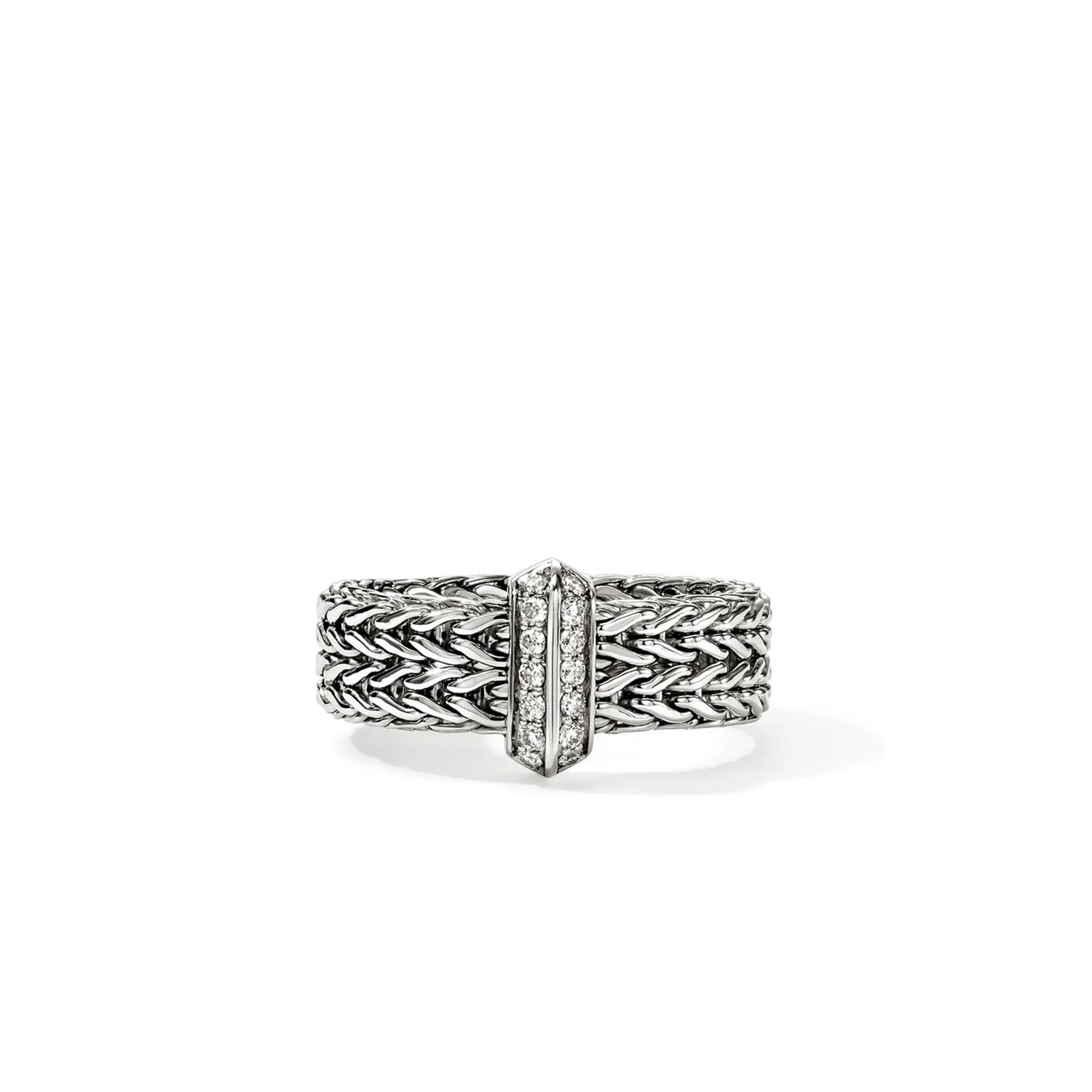 John Hardy Sterling Silver Icon 0.16cttw Pave Diamond Link Bar Ring, 6mm - Ring Size 7