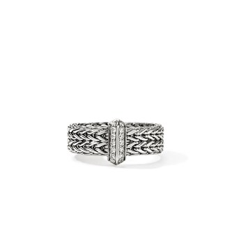 John Hardy Sterling Silver Icon 0.16cttw Pave Diamond Link Bar Ring, 6mm - Ring Size 7