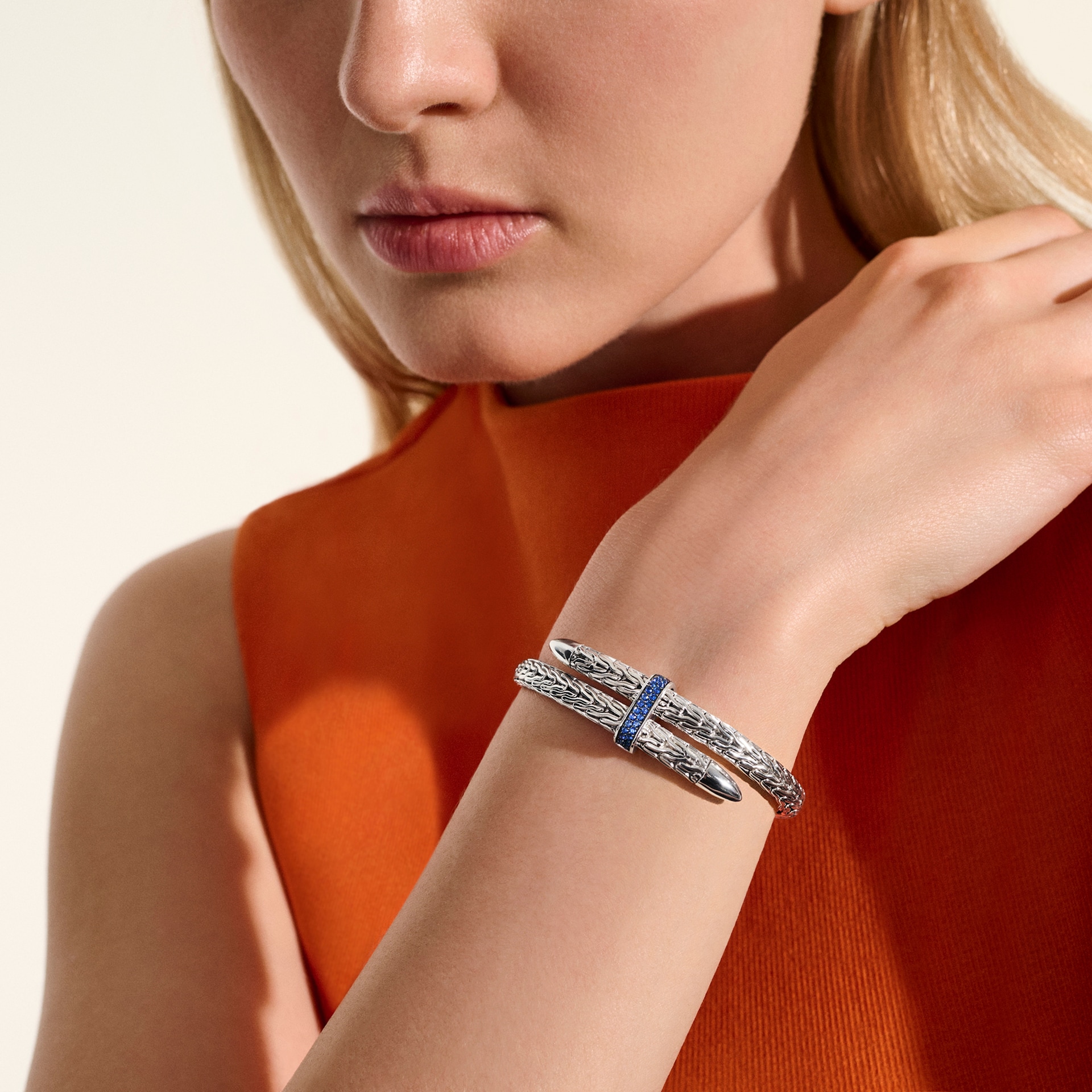 John Hardy Sterling Silver Spear Blue Sapphire Flex Cuff Bracelet, 5.5mm - Size Large John Hardy Sterling Silver Spear Blue Sapphire Flex Cuff Bracelet, 5.5mm - Size Large
