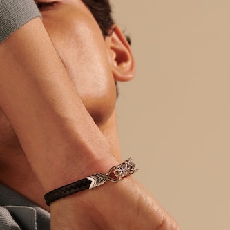 John Hardy Sterling Silver & Black Leather Naga Blue Sapphire Bracelet - Size Medium