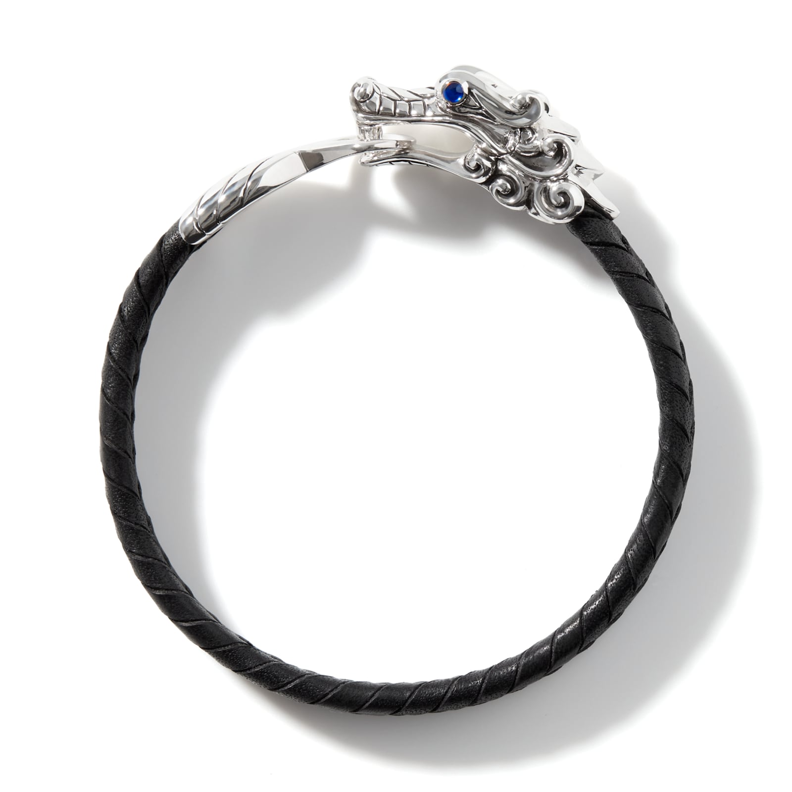 John Hardy Sterling Silver & Black Leather Naga Blue Sapphire Bracelet - Size Medium