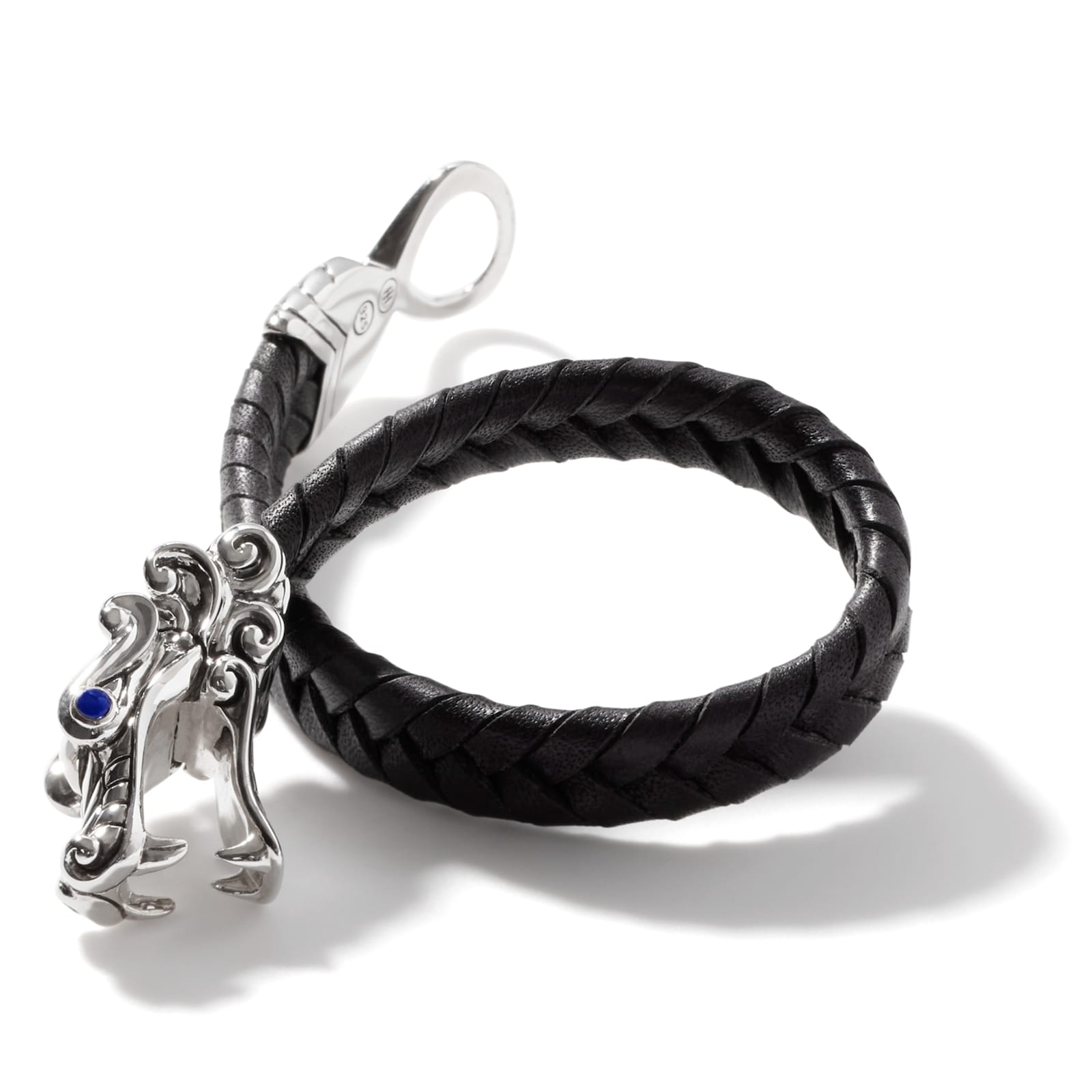 John Hardy Sterling Silver & Black Leather Naga Blue Sapphire Bracelet - Size Medium