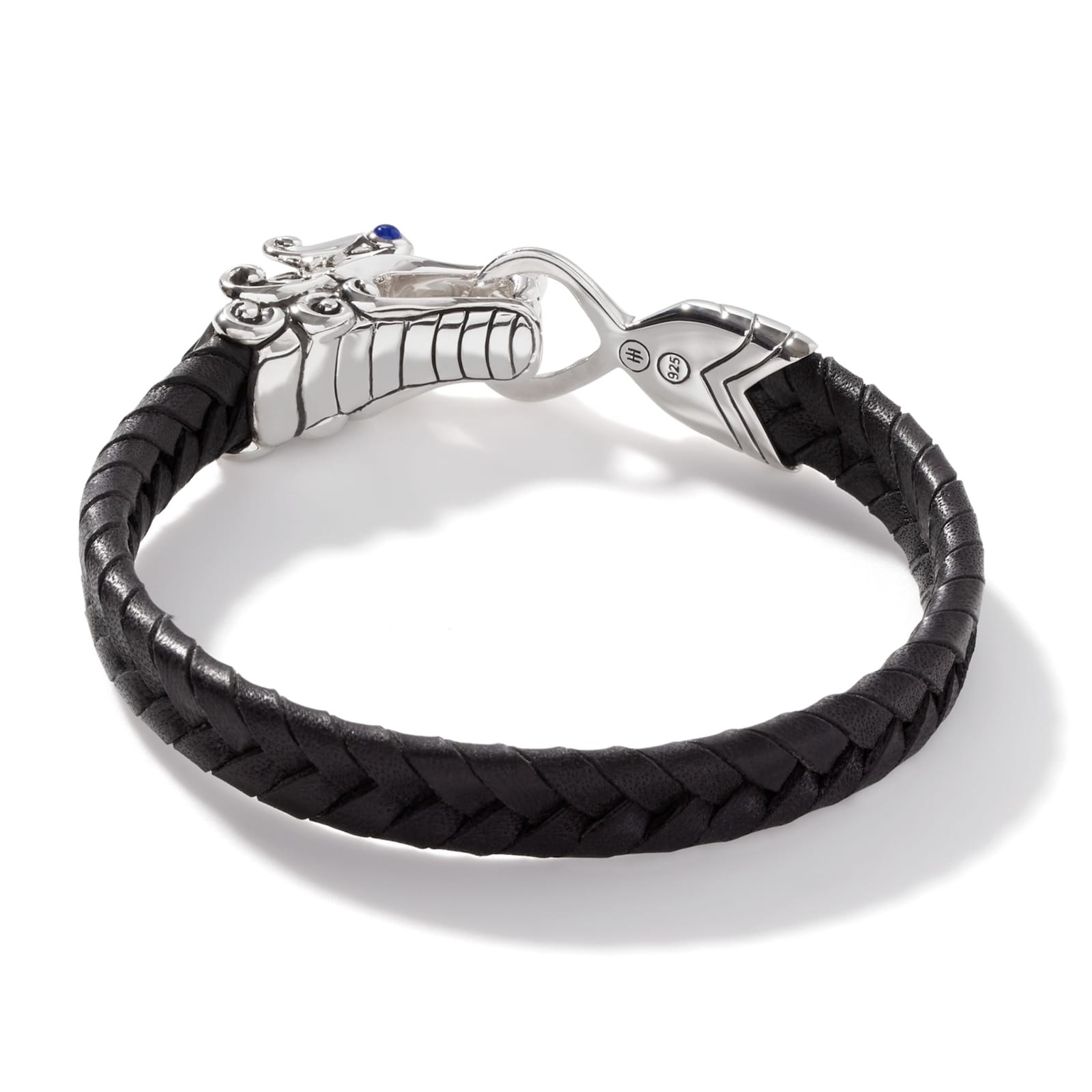 John Hardy Sterling Silver & Black Leather Naga Blue Sapphire Bracelet - Size Medium
