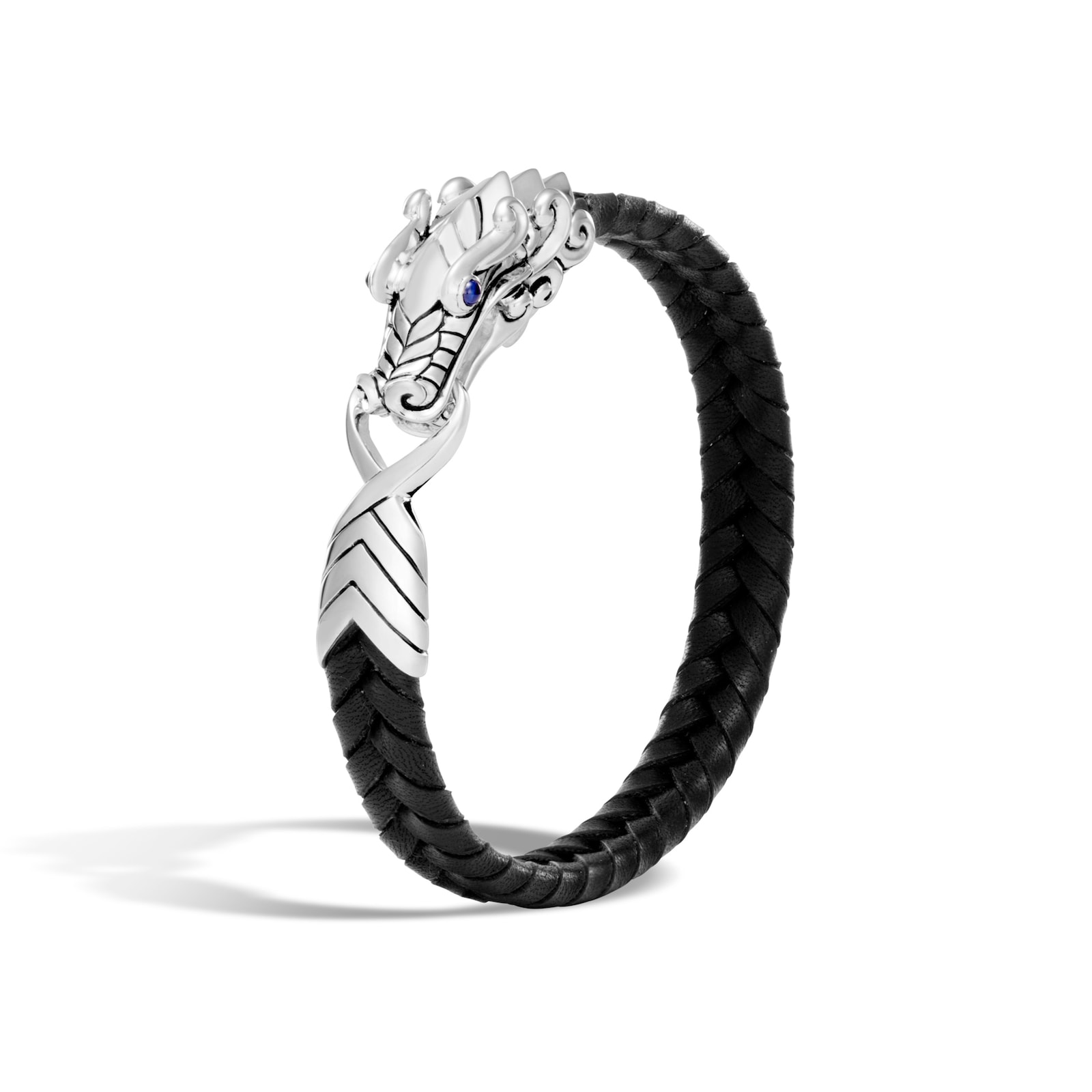 John Hardy Sterling Silver & Black Leather Naga Blue Sapphire Bracelet - Size Medium