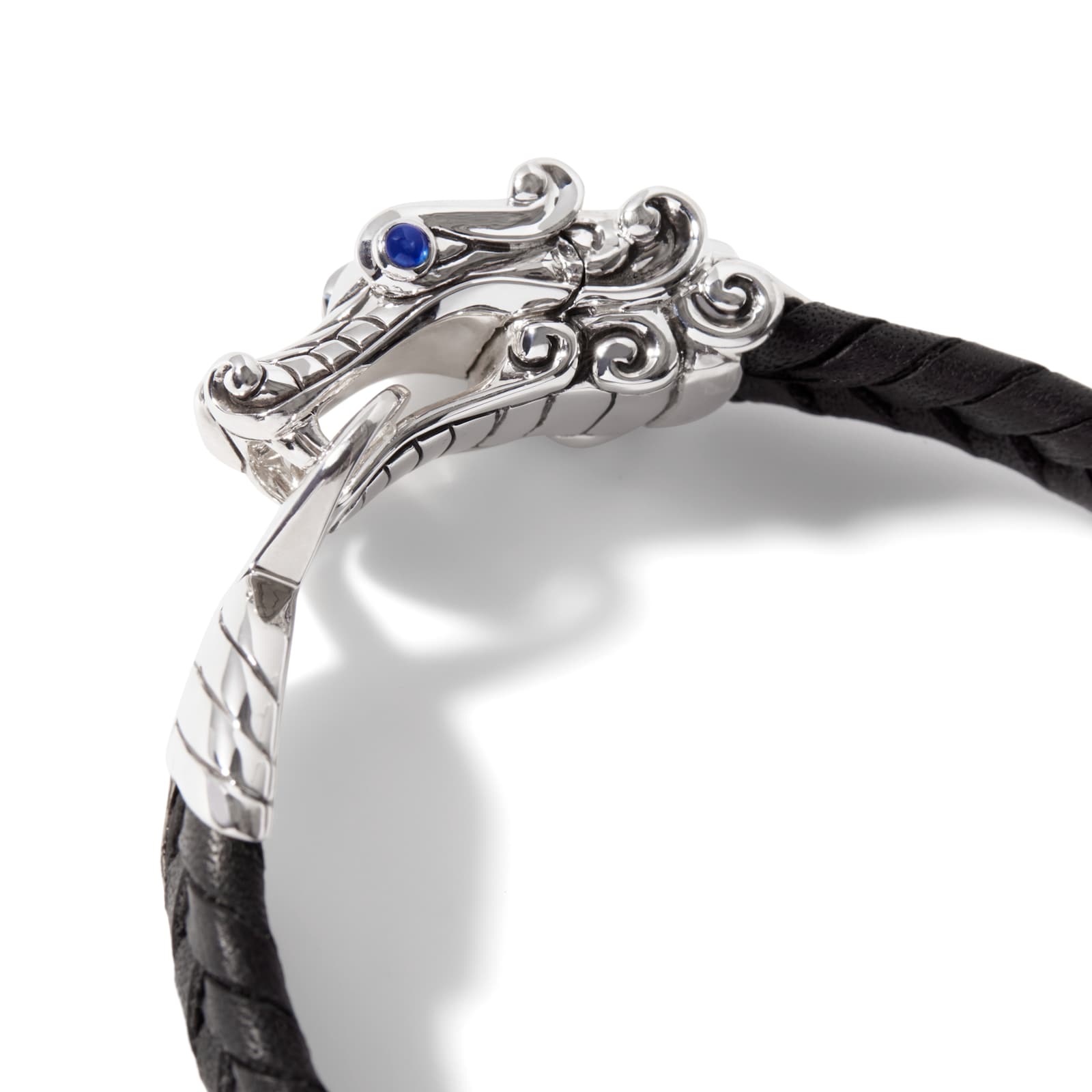 John Hardy Sterling Silver & Black Leather Naga Blue Sapphire Bracelet - Size Medium