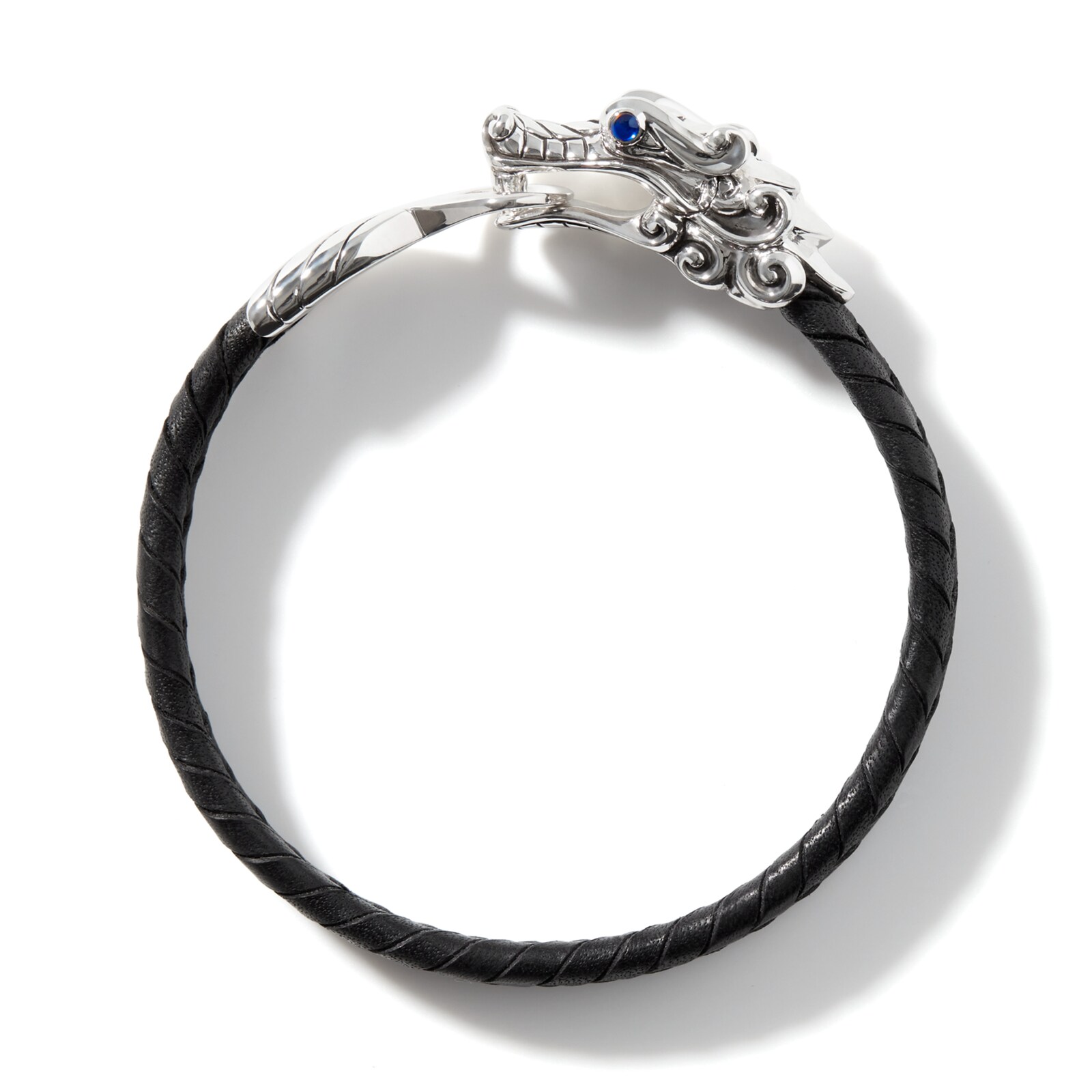 John Hardy Sterling Silver & Black Leather Naga Blue Sapphire Bracelet - Size Large