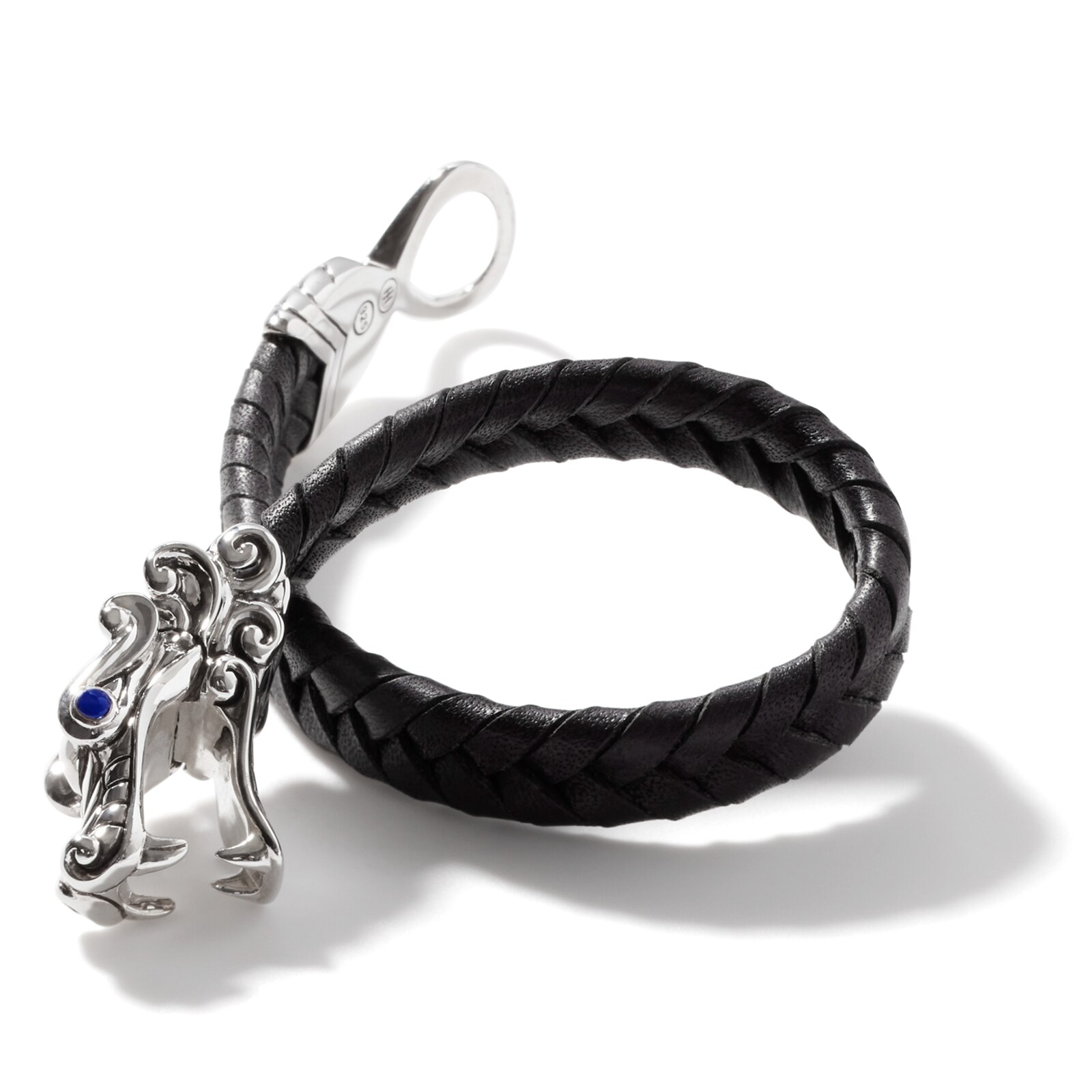John Hardy Sterling Silver & Black Leather Naga Blue Sapphire Bracelet - Size Large
