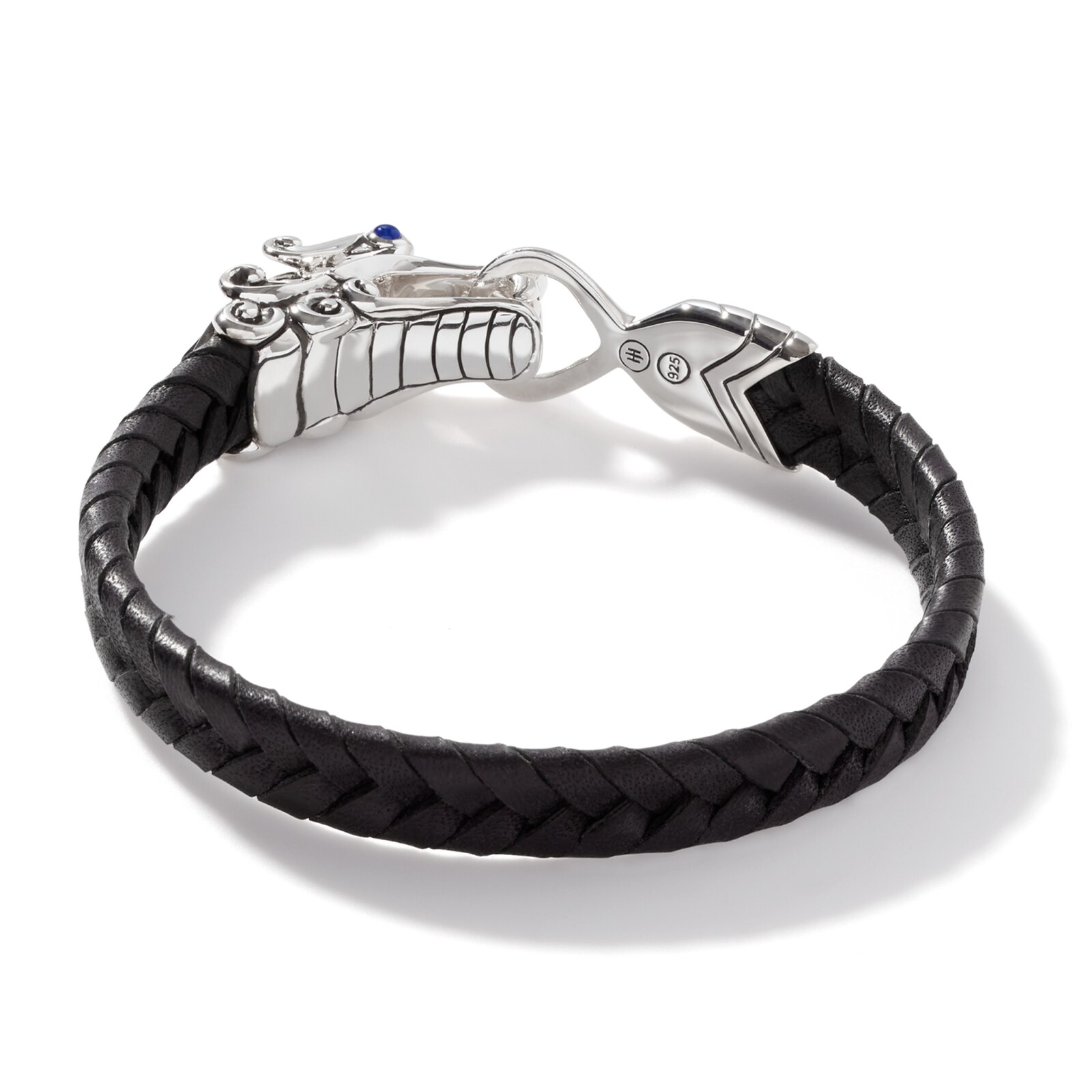 John Hardy Sterling Silver & Black Leather Naga Blue Sapphire Bracelet - Size Large
