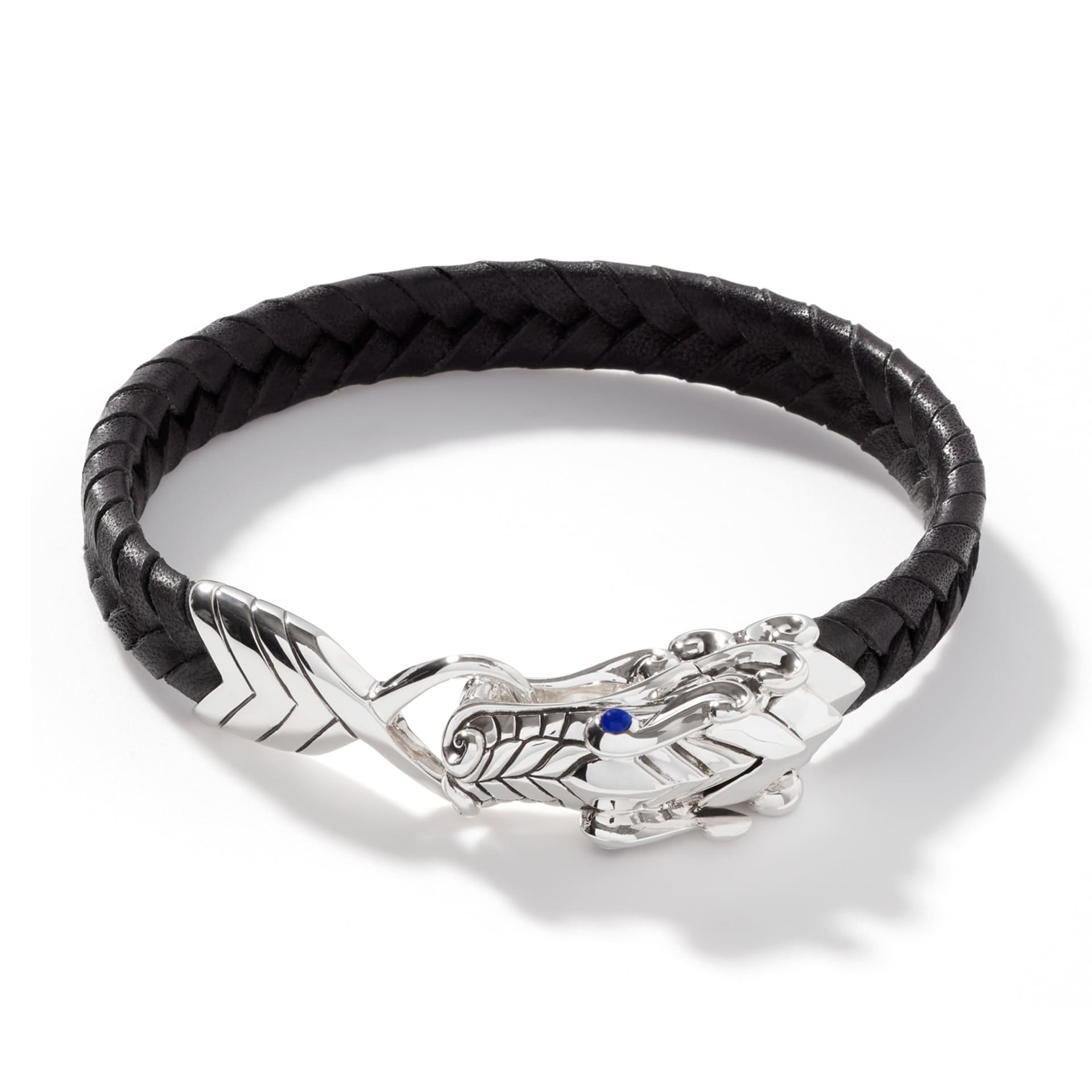 John Hardy Sterling Silver & Black Leather Naga Blue Sapphire Bracelet - Size Extra Large John Hardy Sterling Silver & Black Leather Naga Blue Sapphire Bracelet - Size Extra Large